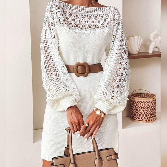 Ladies Solid Color Hollow-Out Elegant Lace Knit Sweater Dress For Spring/Autumn